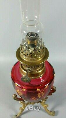 Antique Victorian French Table Oil Lamp Cranberry Enameled Glass Empire Tripod