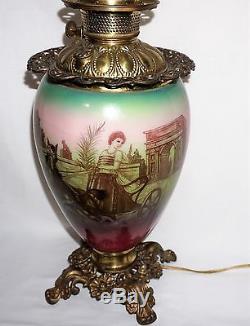 Antique Victorian GWTW Banquet Oil Lamp w Roman Chariots Horses Gladiator Battle
