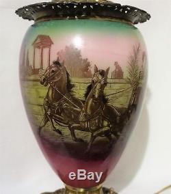 Antique Victorian GWTW Banquet Oil Lamp w Roman Chariots Horses Gladiator Battle