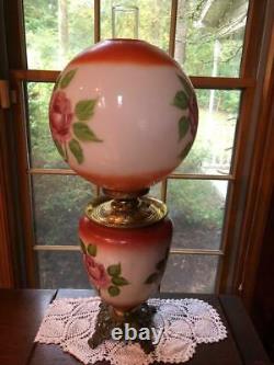 Antique Victorian GWTW E. Miller Co. Roses 12 Globe Banquet Parlor Oil Lamp