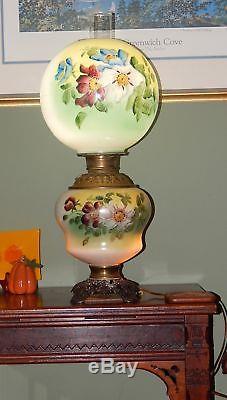 Antique Victorian GWTW FOSTORIA Kerosene Oil Lamp Painted Red Blue White Flowers