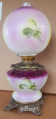 Antique Victorian GWTW FOSTORIA Kerosene Oil Lamp Purple Apple Blossom Flowers