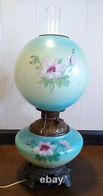 Antique Victorian GWTW Gone With The Wind Blue/Pink Floral Oil Lamp Electrified