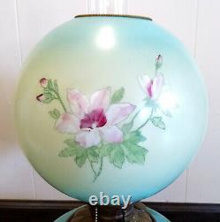 Antique Victorian GWTW Gone With The Wind Blue/Pink Floral Oil Lamp Electrified