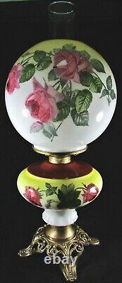 Antique Victorian GWTW Oil Kerosene Lamp with Font Globe Burner Chimney Rose Motif