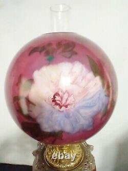 Antique Victorian GWTW Oil Lamp Hand Painted Flowers Gone with the Wind