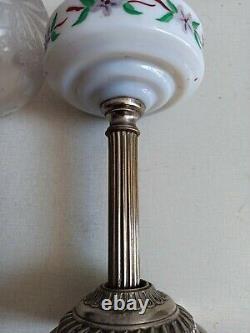 Antique Victorian German Kerosene Oil Lamp Opaline Hand Painted Flowers