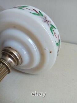 Antique Victorian German Kerosene Oil Lamp Opaline Hand Painted Flowers