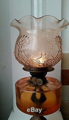 Antique Victorian Gilt Cast Iron Base Duplex Oil Lamp with Amber etched Shade