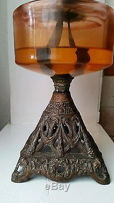 Antique Victorian Gilt Cast Iron Base Duplex Oil Lamp with Amber etched Shade