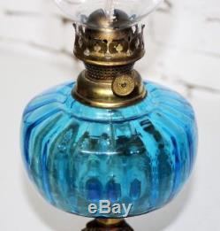 Antique Victorian Gilt Cast Iron Base Oil Lamp with Sapphire Blue Font PL4400