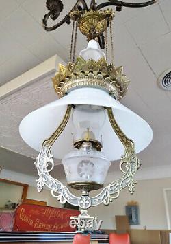 Antique Victorian Gold Cast Iron Pull Down Country Store Oil Lamp Chandelier