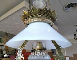 Antique Victorian Gold Cast Iron Pull Down Country Store Oil Lamp Chandelier