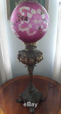Antique Victorian Gone with the Wind Hurricane Parlor Oil Lamp Painted Glass