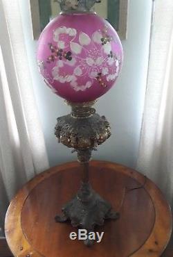 Antique Victorian Gone with the Wind Hurricane Parlor Oil Lamp Painted Glass