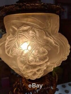 Antique Victorian Grapevine Satin Frosted Banquet parlor oil lamp 24 Converted