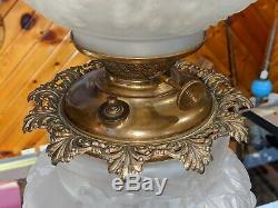 Antique Victorian Grapevine Satin Frosted Banquet parlor oil lamp 24 Converted