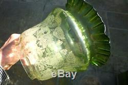 Antique Victorian Green Glass Etched Duplex English Oil Lamp Shade Frilled Top