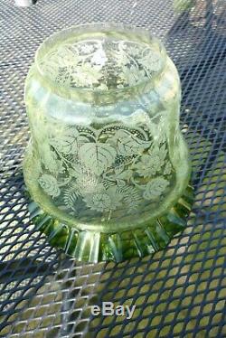 Antique Victorian Green Glass Etched Duplex English Oil Lamp Shade Frilled Top