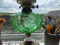 Antique Victorian Green Glass Oil Lamp Sparrows Etched Globe Shade Ceramic Base