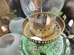 Antique Victorian Green Glass Oil Lamp Sparrows Etched Globe Shade Ceramic Base