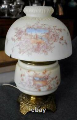 Antique Victorian Gwtw Converted Oil Lamp Pink Floral Blue Landscape 3 Positions