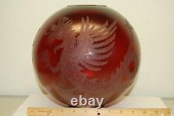 Antique Victorian Gwtw Ruby Red Old Glass Chinese Japanese Dragon Oil Lamp Shade