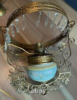 Antique Victorian HANGING OIL LAMP and Font Prisms