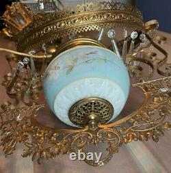 Antique Victorian HANGING OIL LAMP and Font Prisms