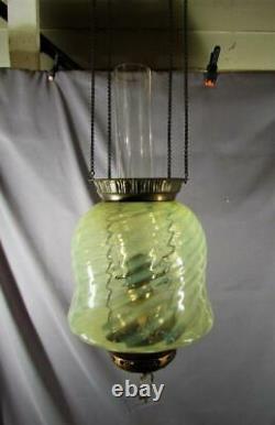 Antique Victorian Hall Hanging Oil Lamp with Bluish White Swirl Opalescent Shade