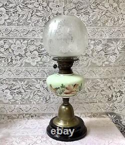 Antique Victorian Hand Painted Milk Glass Oil Lamp With Original Shade