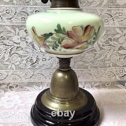 Antique Victorian Hand Painted Milk Glass Oil Lamp With Original Shade