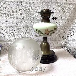 Antique Victorian Hand Painted Milk Glass Oil Lamp With Original Shade