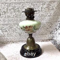 Antique Victorian Hand Painted Milk Glass Oil Lamp With Original Shade