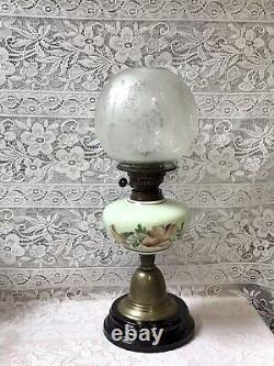 Antique Victorian Hand Painted Milk Glass Oil Lamp With Original Shade