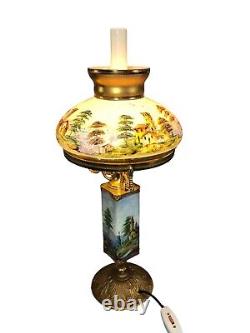 Antique Victorian Hand Painted Oil Lamp Converted To Electric Glass And Brass