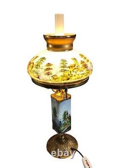 Antique Victorian Hand Painted Oil Lamp Converted To Electric Glass And Brass