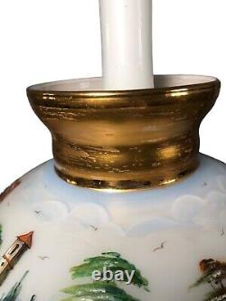 Antique Victorian Hand Painted Oil Lamp Converted To Electric Glass And Brass