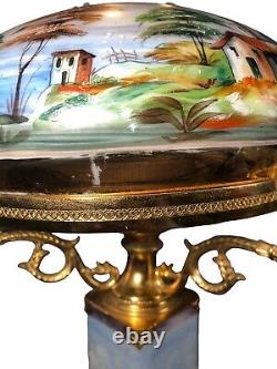 Antique Victorian Hand Painted Oil Lamp Converted To Electric Glass And Brass