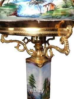 Antique Victorian Hand Painted Oil Lamp Converted To Electric Glass And Brass