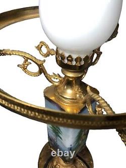 Antique Victorian Hand Painted Oil Lamp Converted To Electric Glass And Brass