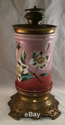 Antique Victorian Hand Painted Opaque Glass Cylinder And Brass Stand Oil Lamp