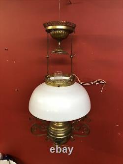 Antique Victorian Hanging Brass Parlor Kerosene or Oil Lamp