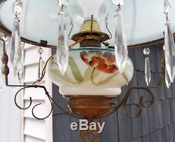Antique Victorian Hanging Library Oil Lamp Red White Blue Glass Tulip Shade Font