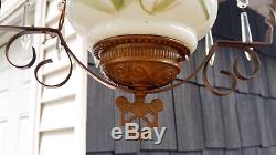 Antique Victorian Hanging Library Oil Lamp Red White Blue Glass Tulip Shade Font