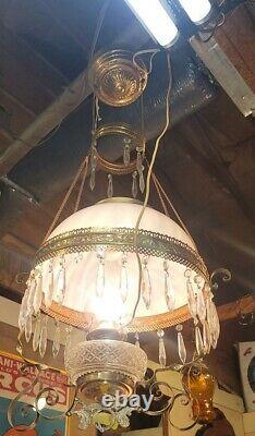 Antique Victorian Hanging Oil Lamp Chandelier Glass Shade Prisms