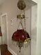 Antique Victorian Hanging Oil Lamp Chandelier Ruby Red Glass Shade 14