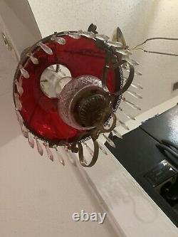 Antique Victorian Hanging Oil Lamp Chandelier Ruby Red Glass Shade 14
