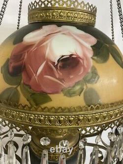 Antique Victorian Hanging Oil Lamp GWTW Converted Electric Rose Painted Shades