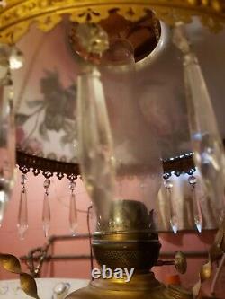 Antique Victorian Hanging Oil Lamp Has All Prisms & Brackets Very Nice Lamp